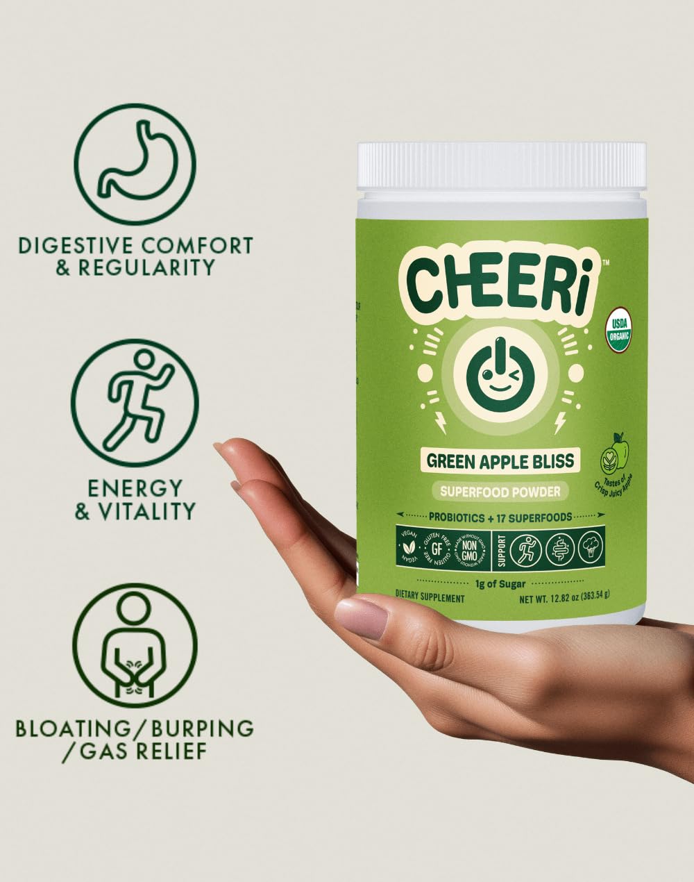Cheerific Crisp Apple Greens Superfood Powder - 20+ Organic Superfoods + Prebiotic & Probiotics + More - Keto Friendly - Supports Positive Mood, Gut Health - Vegan, Gluten Free, Non-GMO - 30 Day Cheerific buy supplements Au