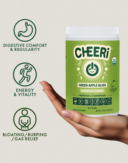 Cheerific Crisp Apple Greens Superfood Powder - 20+ Organic Superfoods + Prebiotic & Probiotics + More - Keto Friendly - Supports Positive Mood, Gut Health - Vegan, Gluten Free, Non-GMO - 30 Day Cheerific buy supplements Au