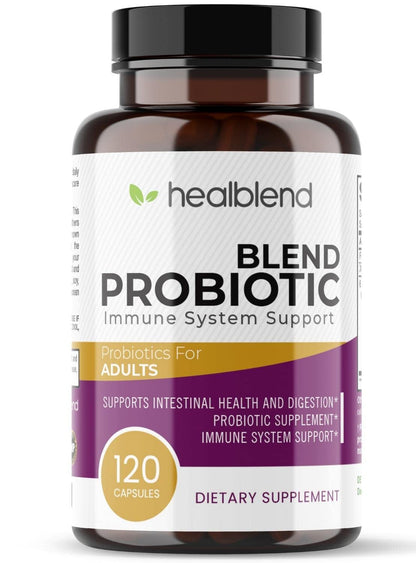 Healblend probiotic supplement bottle on a white background