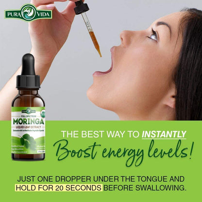 PURA VIDA MORINGA Leaf Extract Liquid Drops - USDA Organic Certified - Highly Purified, Bioavailable & Faster Absorption than Moringa Powder or Capsules