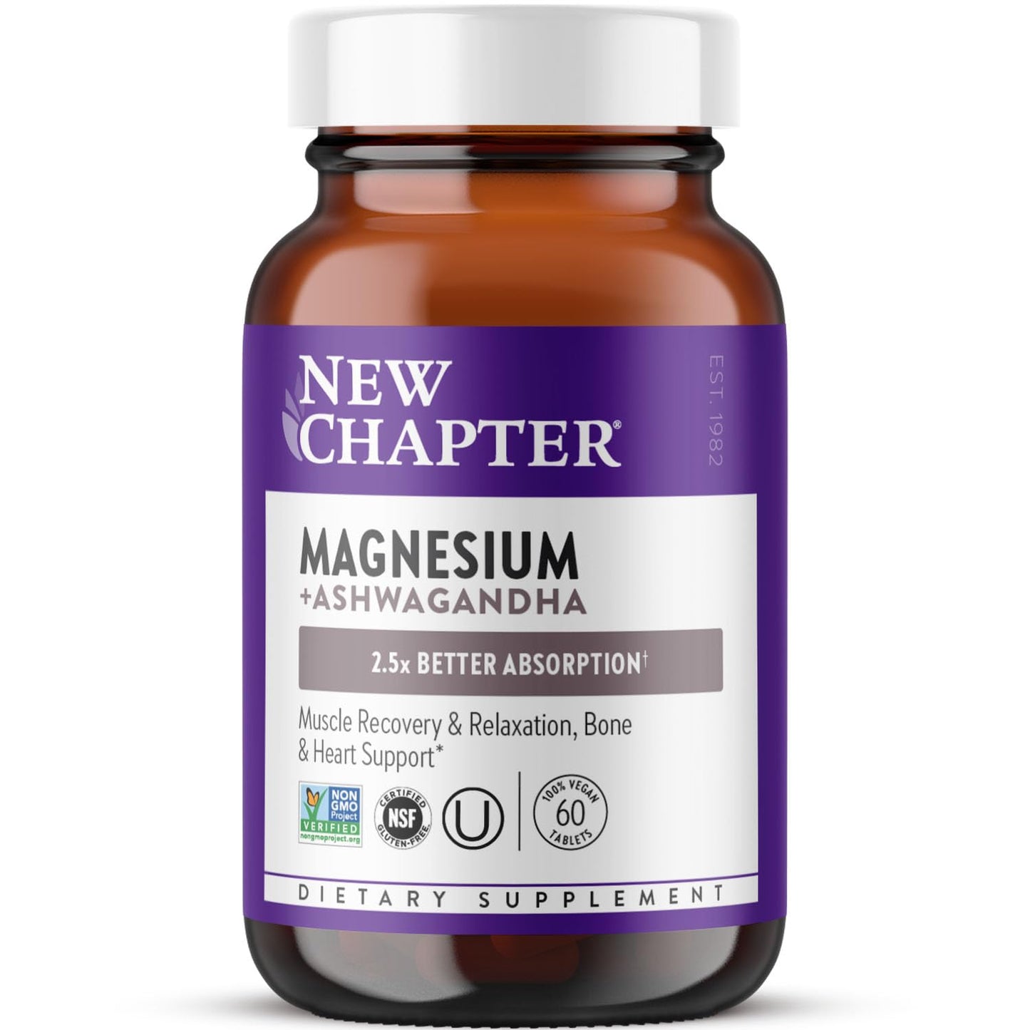 New Chapter Magnesium + Ashwagandha Supplement, 325 mg with Magnesium Glycinate for Muscle Relaxation & Recovery, Heart, Nerve & Bone Health, 2.5X Absorption