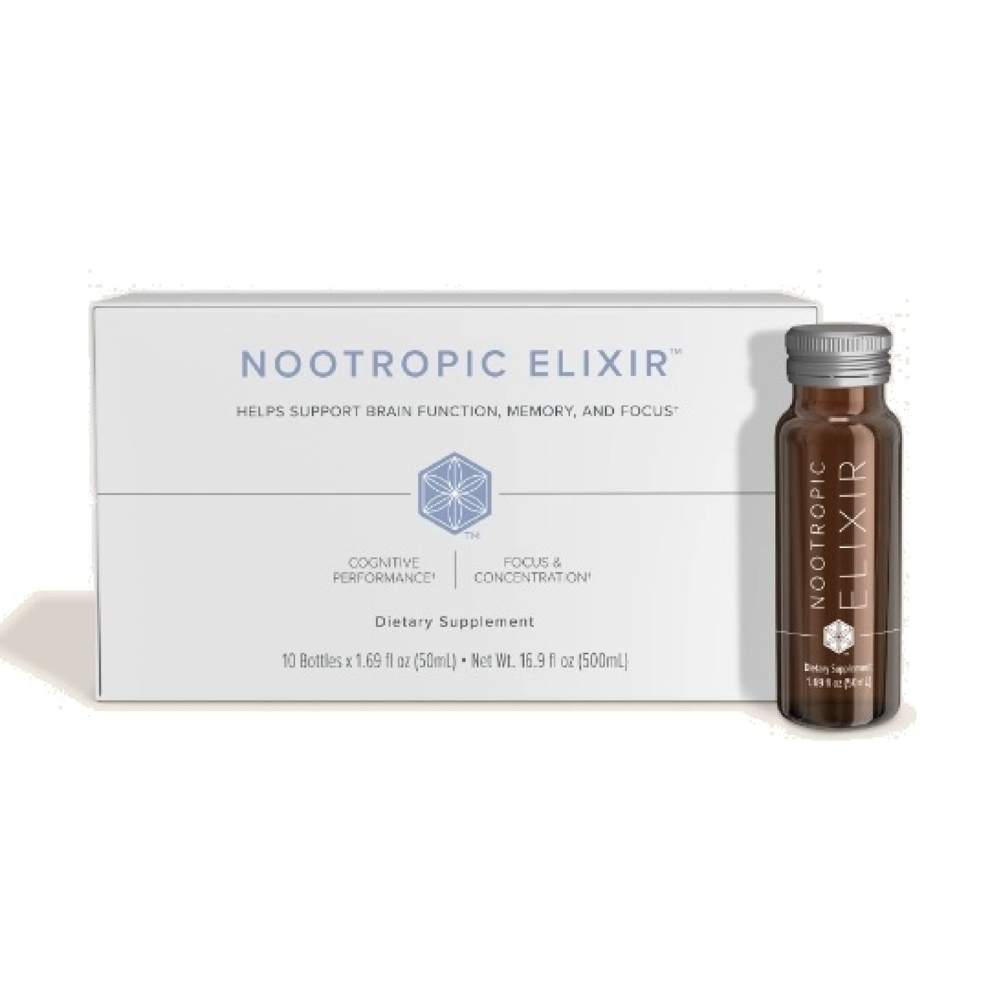 Nootropic Elixir supplement bottle and packaging on a white background