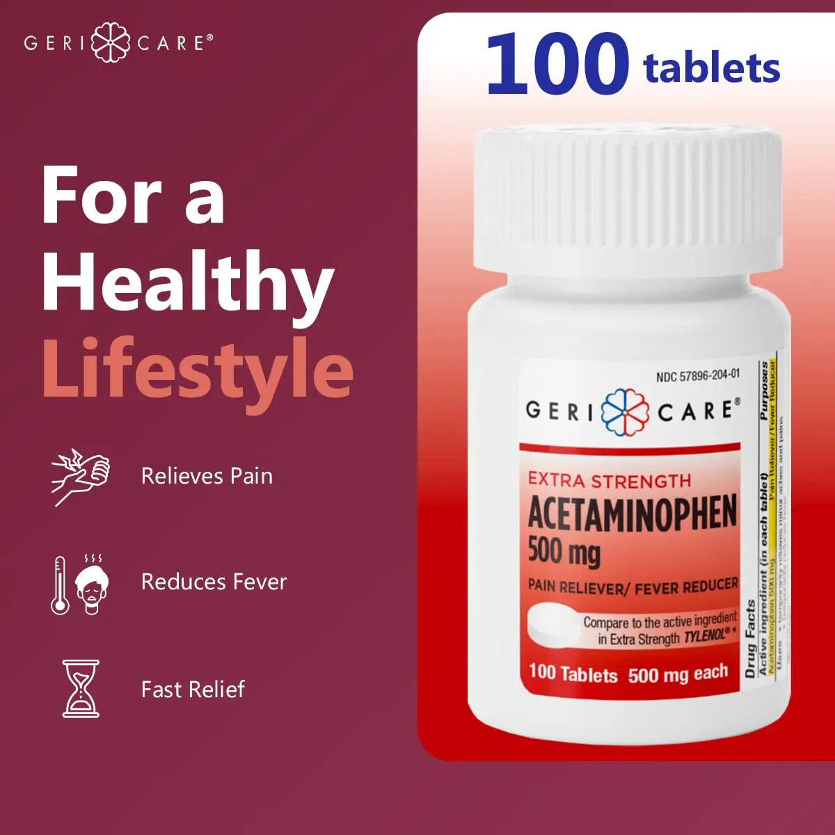GeriCare Extra Strength Acetaminophen Pain Relief Fever Reducer Tablets, Strength 500mg Tablet | Joint, Muscle, Arthritis, Back Pain, Body Pain Relief, 100 Count (Pack of 2) GeriCareBuy Supplements Australia