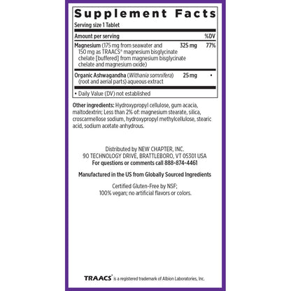 New Chapter Magnesium + Ashwagandha Supplement, 325 mg with Magnesium Glycinate for Muscle Relaxation & Recovery, Heart, Nerve & Bone Health, 2.5X Absorption