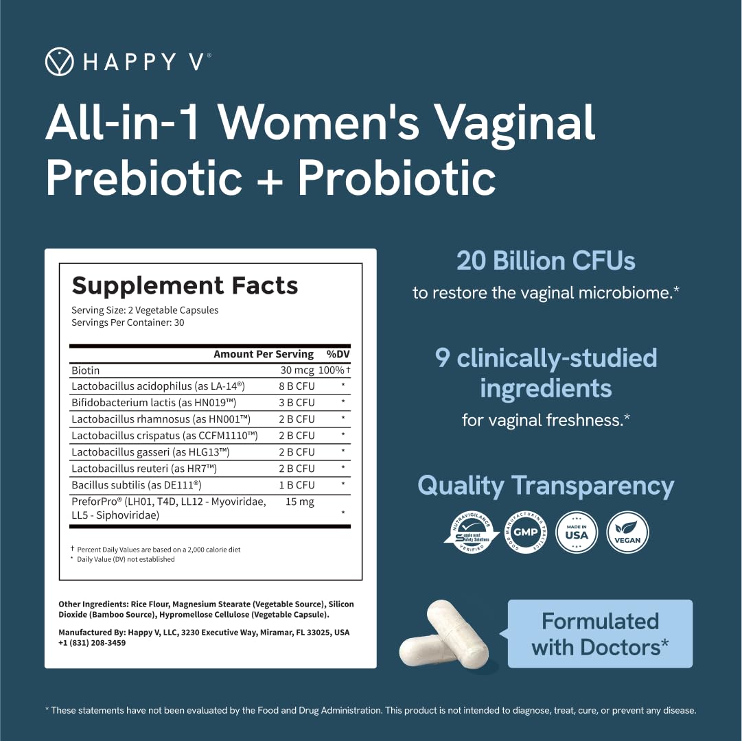 Happy V Dr. Formulated Vaginal Probiotics for Women Odor & Itch Support, Urinary & Gut Health, pH Balance | Womens Daily Probiotic