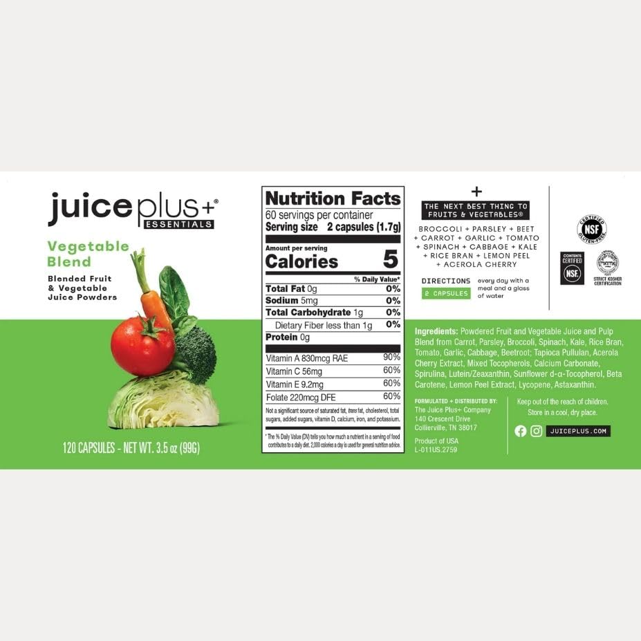 Juice Plus+ Vegetable Blend: with Broccoli, Parsley, Tomato & More - Plant-Based, Vegan, Gluten-Free, Non-GMO, Kosher - for Heart, Immune, Cognitive & Skin Health - 1 Bottle (60 Servings) Juice Plus+Buy Supplements Australia