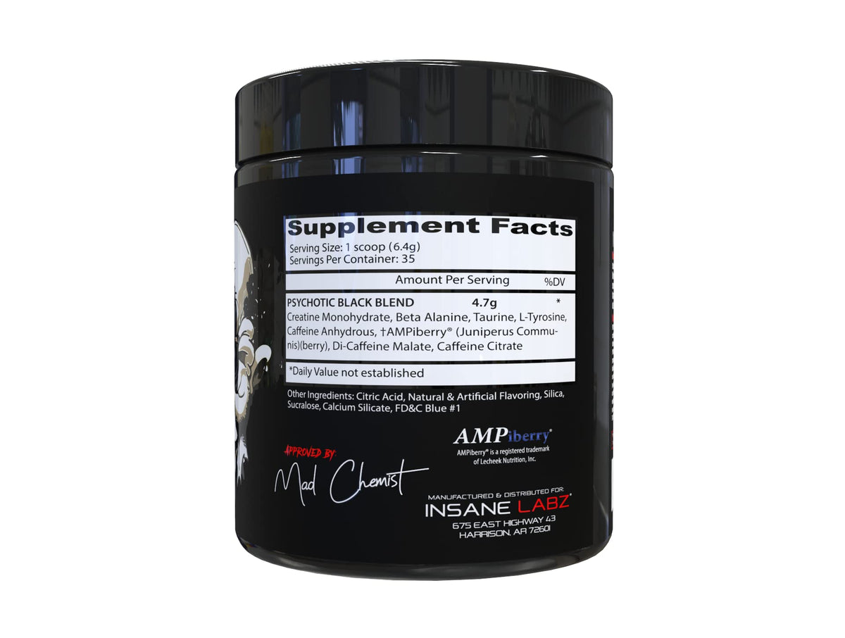 Insane Labz Psychotic Black Edition Mid Stimulant Pre Workout Powder, Energy Focus Pumps, Loaded with Creatine Beta Alanine Taurine Fueled by AMPiberry, 35 Servings (Blue Raspberry)
