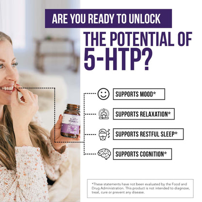 Organic 5-HTP - 200 mg | 99% 5HTP Concentration, Plus Cofactor Vitamin B6 & Lion’s Mane | Water Extracted from Organic Griffonia Seeds | Supports Mood