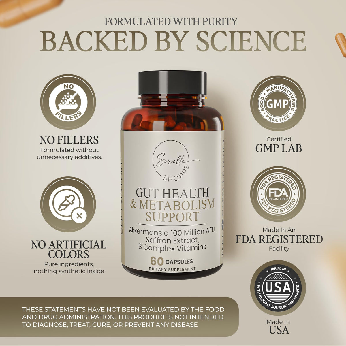 SORELLE SHOPPE Akkermansia Muciniphila Probiotic + Saffron + B Complex | Core Gut Health & Daily Wellness | Mood & Metabolism Support