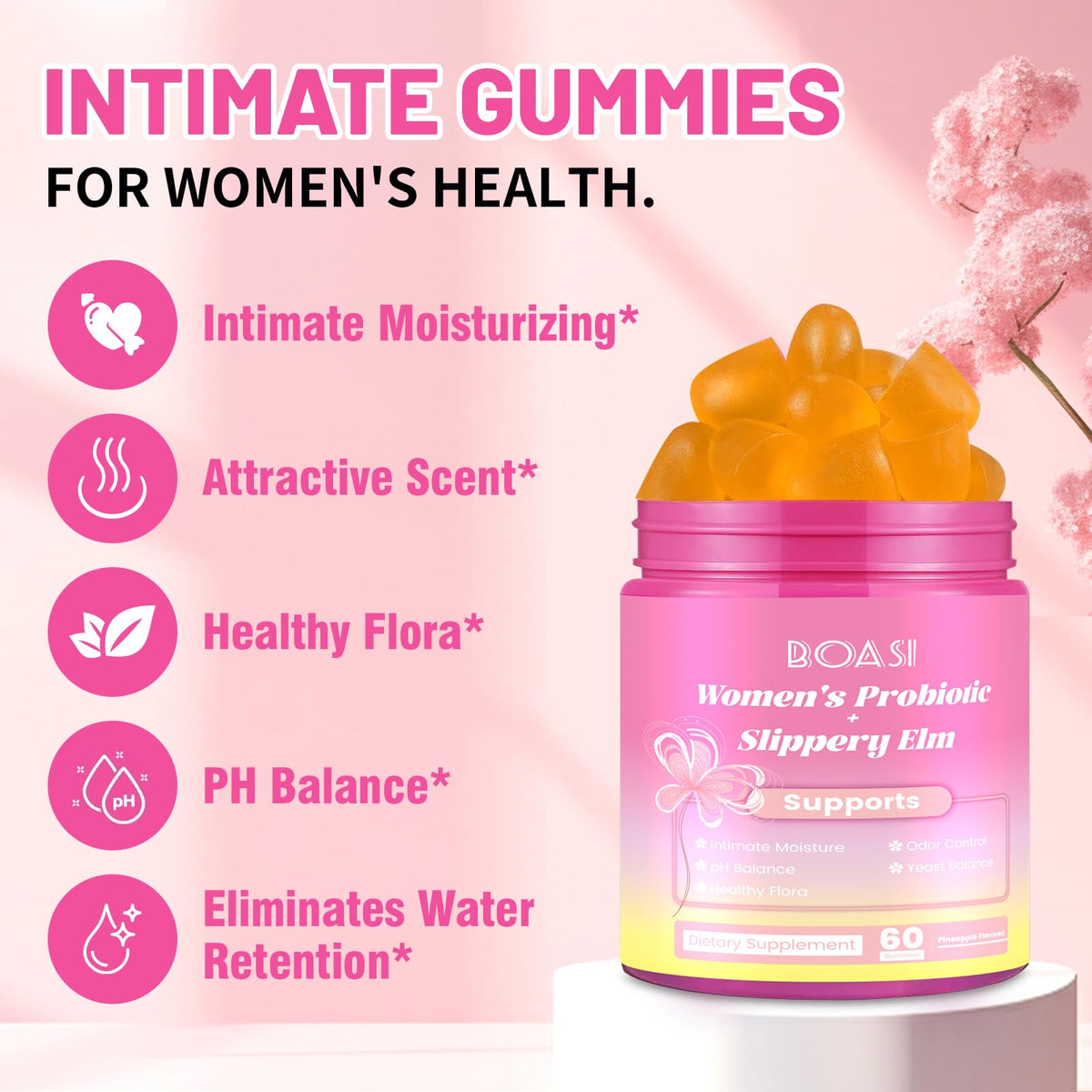 Boasi Women's Probiotics Slippery Elm Gummies,Her Juicy PH Balance,Vaginal Feminine Probiotics Pineapple Gummies,Digestive,Immune Health