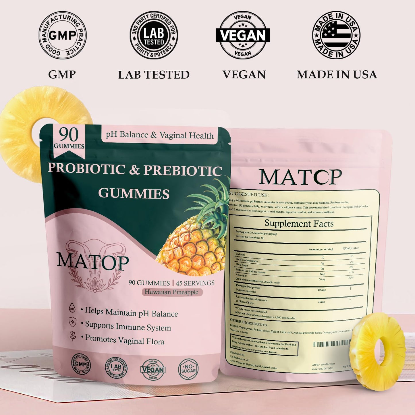 MATOP Probiotic Prebiotic pH Balance Gummies - Vaginal Health Gummies for Women Pro + Prebiotic with Pineapple Flavor, Vegan, Sugar-Free – 90 Gummies (45 Servings) MATOPBuy Supplements Australia