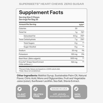Humann SuperBeets Heart Chews Zero Sugar, Beet Root Supplement, Energy, Nitric Oxide and Blood Pressure Support, Grape Seed Extract & Non-GMO