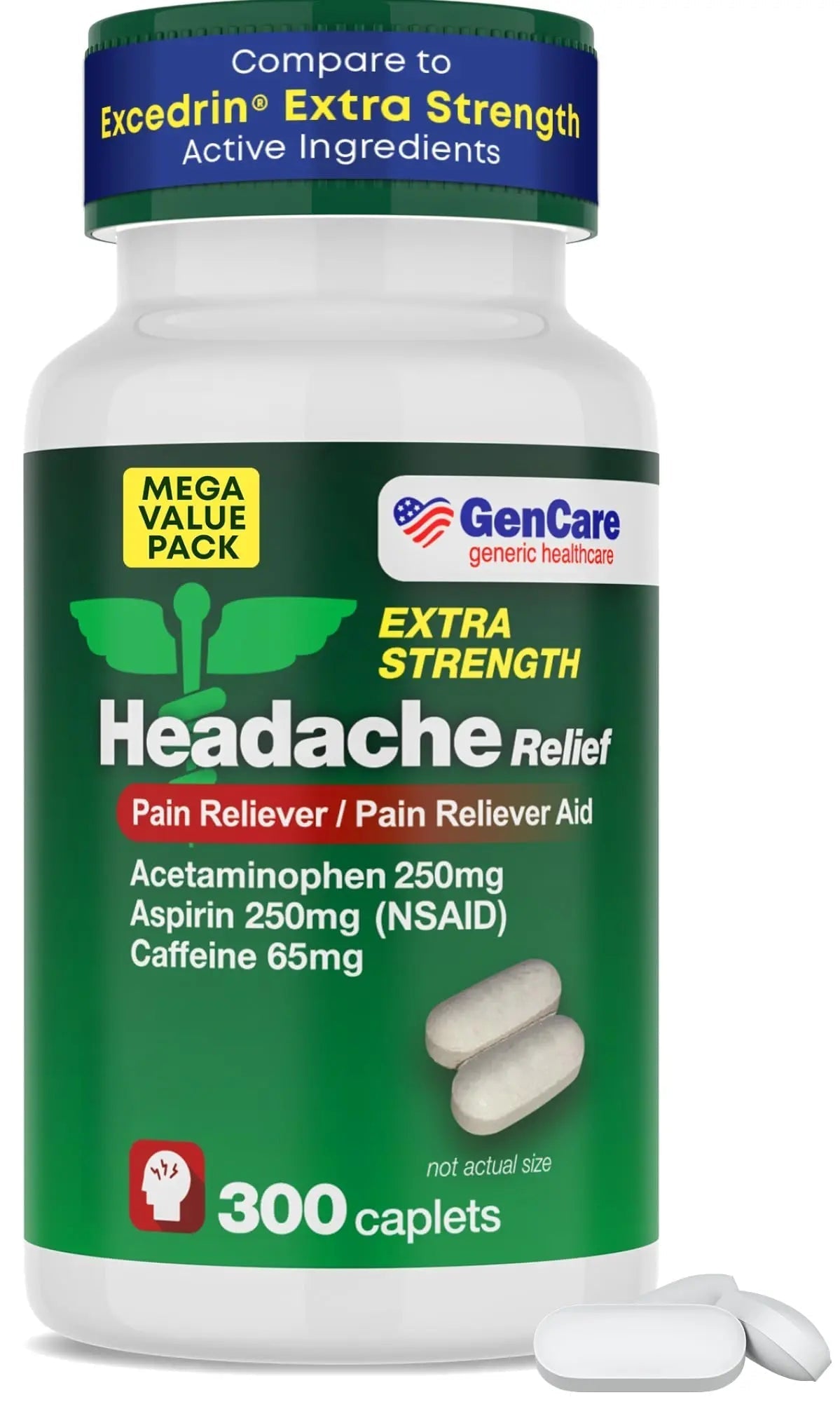GenCare - Headache Relief Acetaminophen with Aspirin (NSAID) & Caffeine (300 Caplets) Value Pack | Head Pain, Muscle Aches, Back Pain & Body | Generic ExcedrEn Extra Strength GenCareBuy Supplements Australia