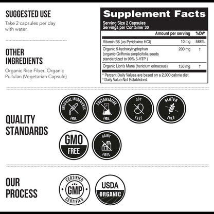 Organic 5-HTP - 200 mg | 99% 5HTP Concentration, Plus Cofactor Vitamin B6 & Lion’s Mane | Water Extracted from Organic Griffonia Seeds | Supports Mood