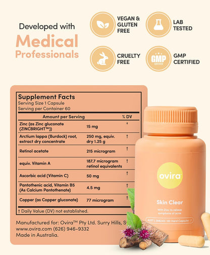 Ovira Skin Clear with ZINCBRIGHT - 60 Capsules for Clear and Glowing Skin | Rosacea & Hormonal Acne Treatment | Support Collagen Production | Acne Supplements for Women & Men - Pack of 2 OviraBuy Supplements Australia