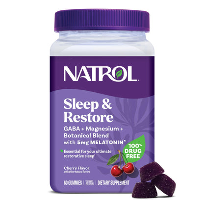 Natrol Sleep + Restore Magnesium Glycinate Blend Gummies with Melatonin 5mg - Calm Magnesium with GABA, Botanical Blend, Cherry Flavor, 60 Gummies NatrolBuy Supplements Australia