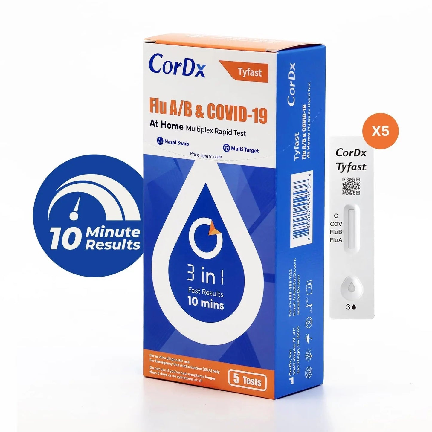 CorDx TyFast at Home Flu A/B & COVID-19 Multiplex Rapid Test Kit, Easy, Accurate, Fast Results in 10 Minutes, 3 in 1 Combo Kit, 5 Tests CorDxBuy Supplements Australia