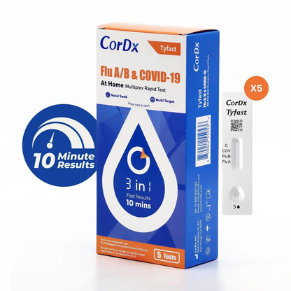 CorDx TyFast at Home Flu A/B & COVID-19 Multiplex Rapid Test Kit, Easy, Accurate, Fast Results in 10 Minutes, 3 in 1 Combo Kit, 5 Tests CorDxBuy Supplements Australia