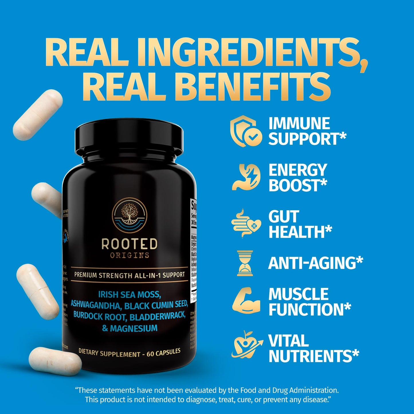Rooted Origins Sea Moss Capsules – Irish Sea Moss Advanced, Magnesium, Ashwaghanda, Black Seed Oil, Burdock Root & Bladderwrack – Immune Support, Gut Health, Energy, & More – 60 Capsules Rooted OriginsBuy Supplements Australia