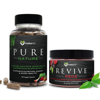 Two Karamd supplement containers, one labeled 'Pure Nature' and the other 'Revive Reds', on a white background.