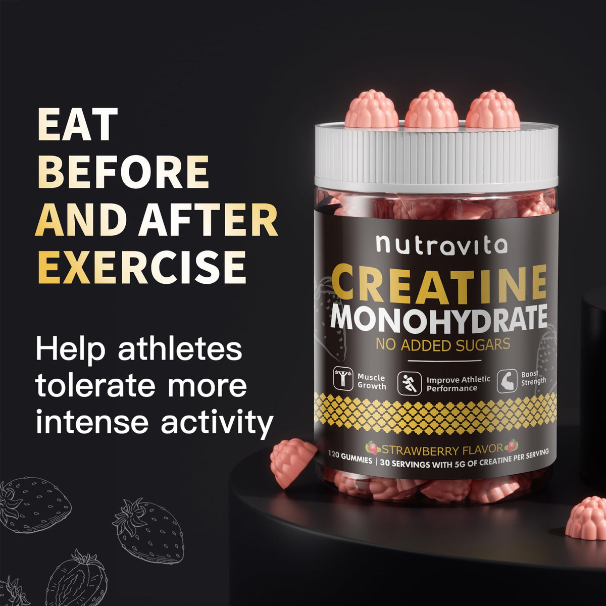Nutravita NSF Certified Creatine Gummy - Creatine Monohydrate Gummies for Men & Women-5g of Creatine Monohydrate per Serving - Sugar Free,