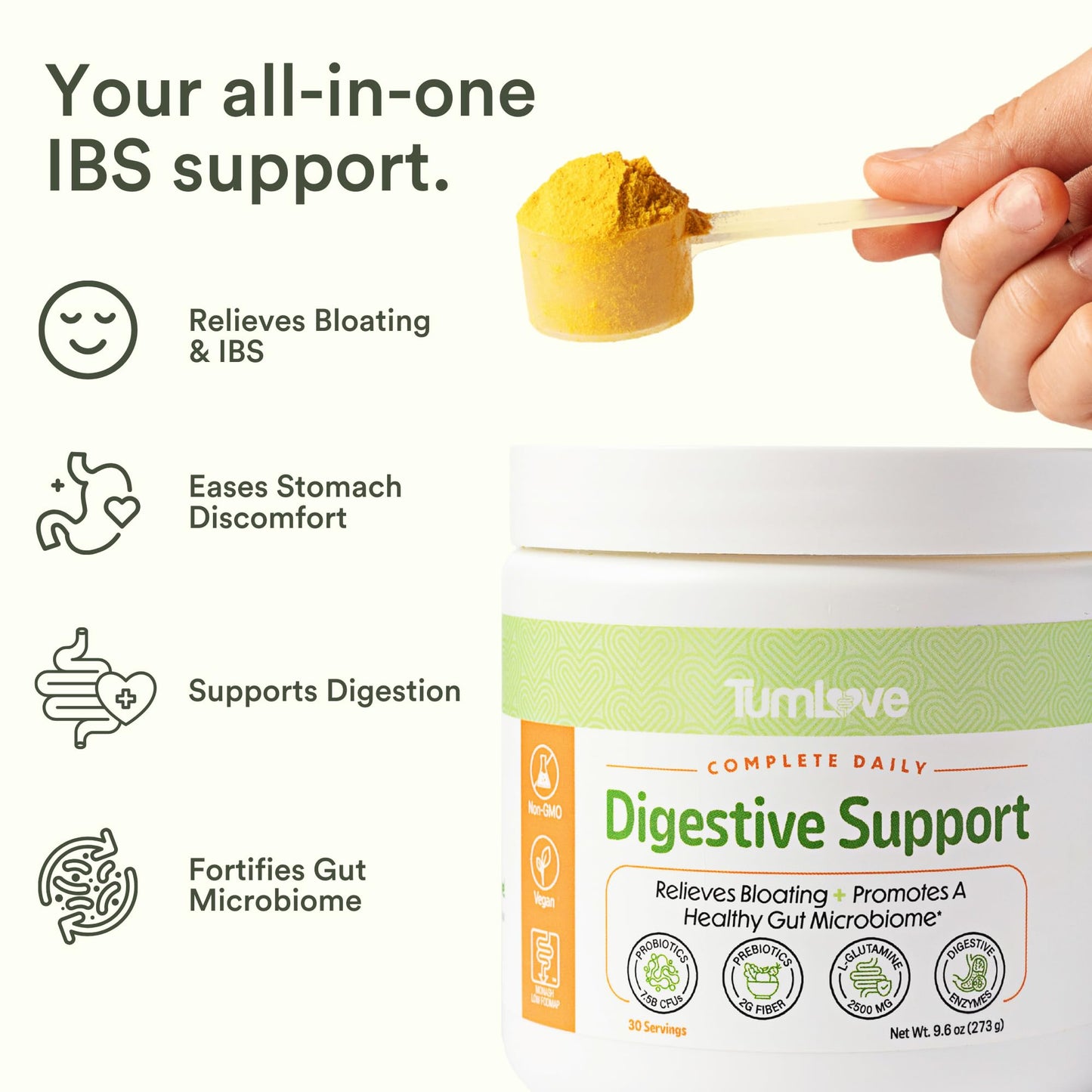 TumLove IBS Relief & Digestive Support Powder – Low FODMAP Certified, Probiotics, Prebiotics, Digestive Enzymes, L-Glutamine & 5 Soothing Herbs