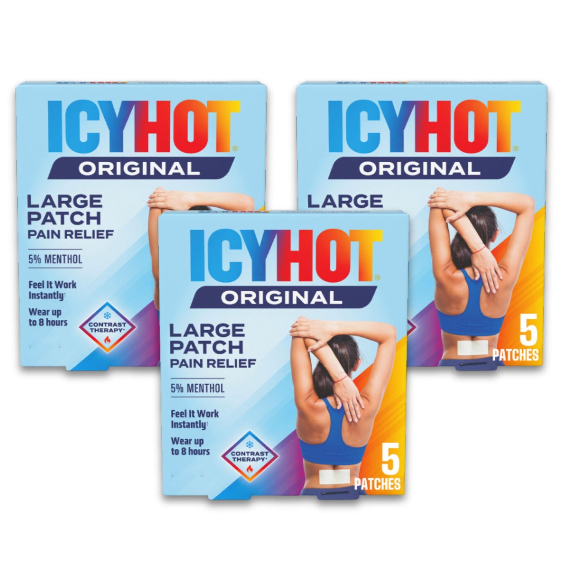 Icy Hot Original Pain Relief Patch, Large Size Comfortable Fabric Patches with Menthol 5%, Ice and Heat Contrast Therapy for Backaches, Joints, Muscle Strains and Arthritis, 5 ct., 3 Pack Icy HotBuy Supplements Australia