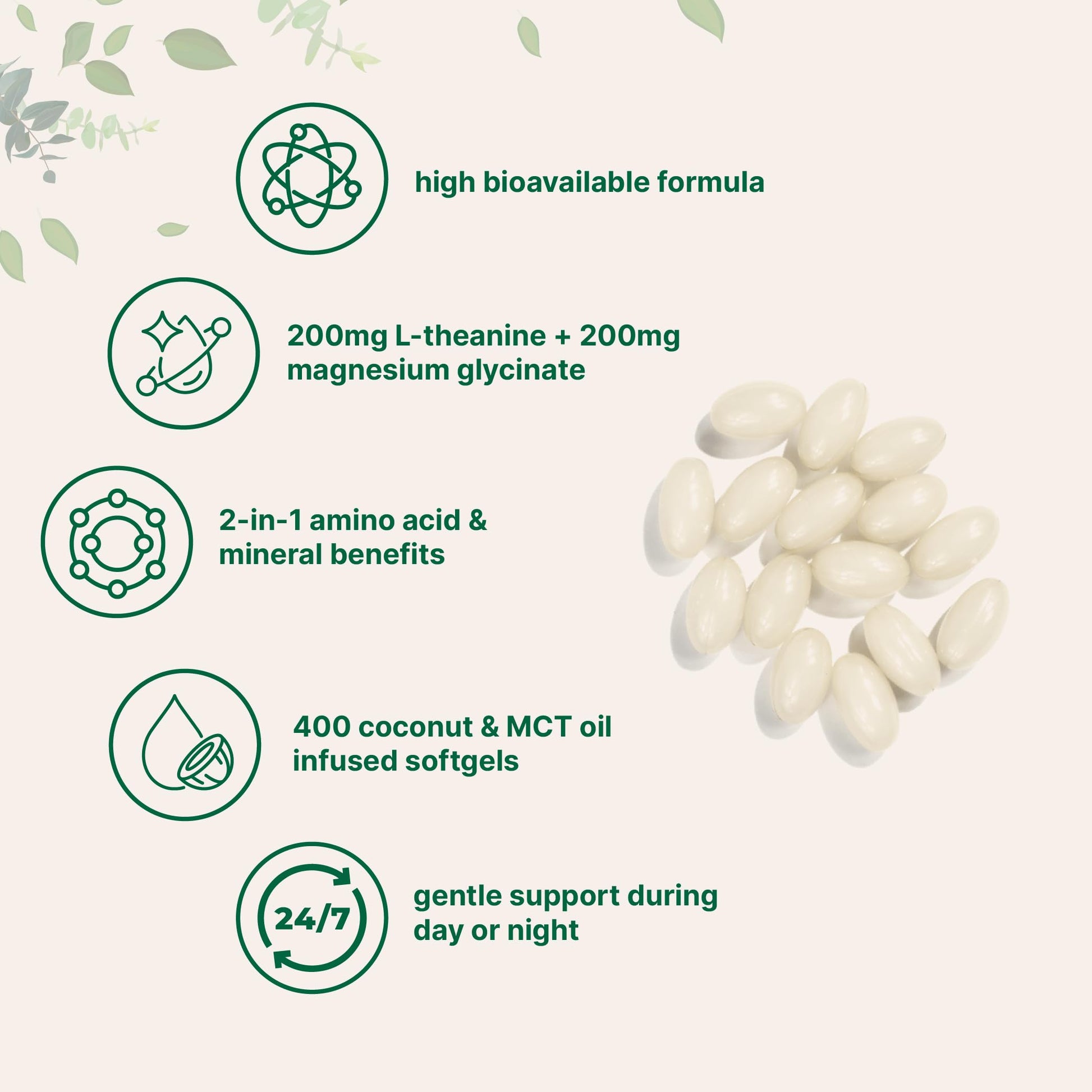 L-Theanine 200mg with Magnesium Glycinate, 400 Coconut MCT Oil Softgels | 2-in-1 Amino Acid & Mineral Complex | Gentle Care All Day & Night Micro IngredientsBuy Supplements Australia
