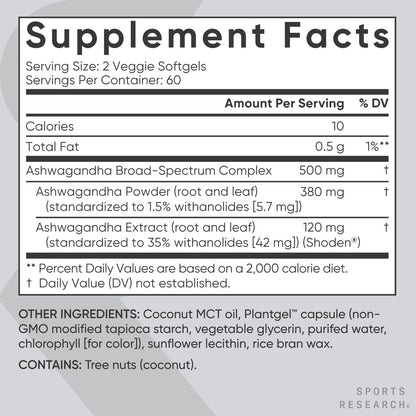Sports Research® Ashwagandha Softgels with Coconut MCT Oil - Natural Ayurvedic Adaptogen Made with Shoden® Ashwa for Relaxation, Calm & Sleep Support - Gluten Free & Vegan Friendly - 120 Count Sports Research buy supplements Au