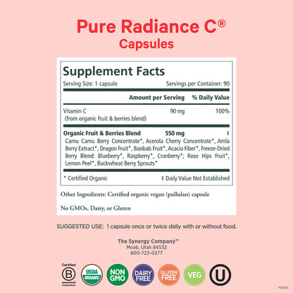 PURE SYNERGY Pure Radiance C | Organic Vitamin C Capsules | 100% Natural, Whole Food, Non-GMO Supplement with Organic Camu Camu