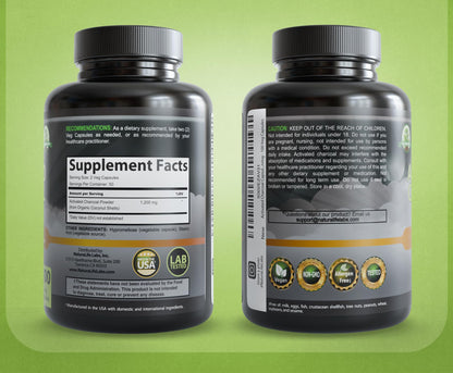 NaturaLife Labs Activated Charcoal 1200 mg per Serving – from Coconut Shells – 100 Veg Capsules – Non-GMO, Gluten-Free, Vegan