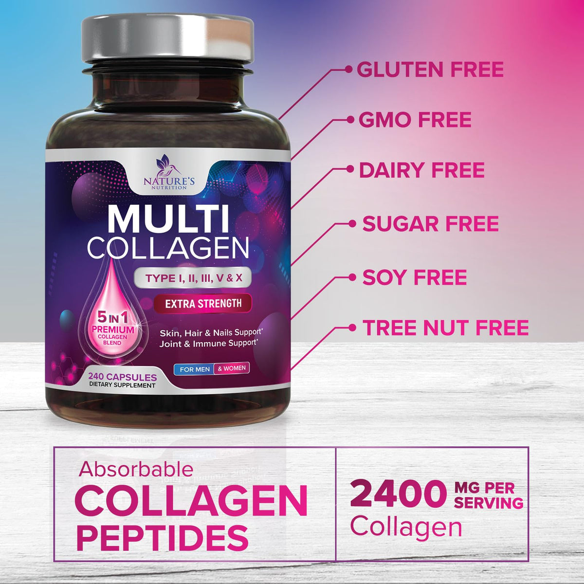Multi Collagen Pills - Multi Collagen Complex 2400 mg Per Serving - Types I, II, III, V, X - Hydrolyzed Collagen Peptides Supplement - Hair, Skin & Nail Support