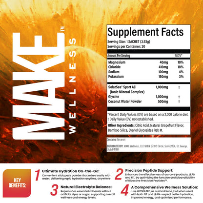 Make Wellness HYDRATED | 30 Servings | Grapefruit Flavor | Supports Hydration & Electrolyte Balance | Bioactive Peptide Blend for Daily Overall Wellness Make WellnessBuy Supplements Australia