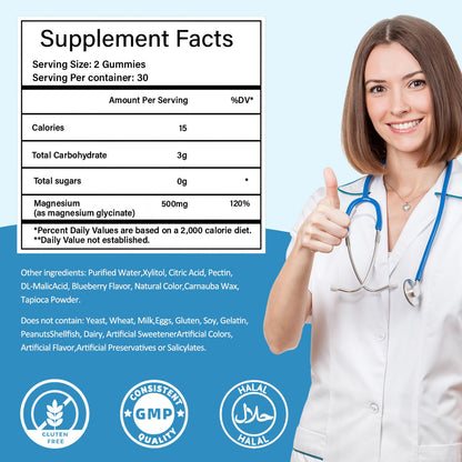 Magnesium Glycinate Gummies 500mg, Sugar-Free for Adults & Kids, Magnesium Gummies for Sleep, Stress & Muscle Relief, Supports Bone & Nerve Health, Vegan, Pectin-Based, 60 Count, Blueberry Flavor TewukyBuy Supplements Australia