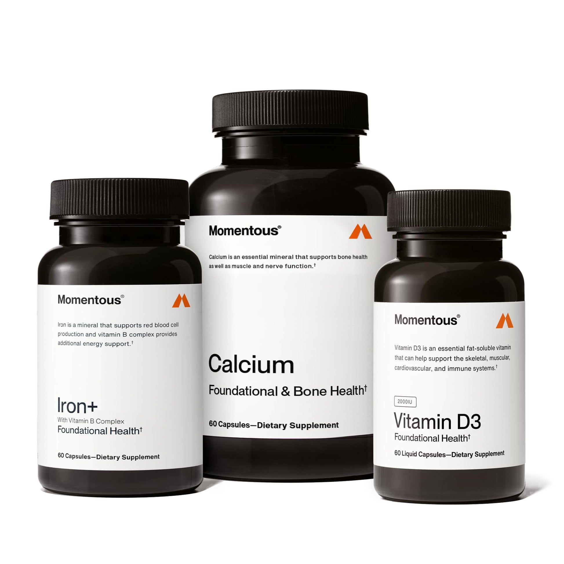 Momentous The Women's Three Bundle - Iron+, Calcium, & Vitamin D3 (2,000 IU) - 3 Critical Nutrients for All Women in 1 Daily Supplement System - NSF Certified for Sport - Gluten-Free - 60 Servings MomentousBuy Supplements Australia