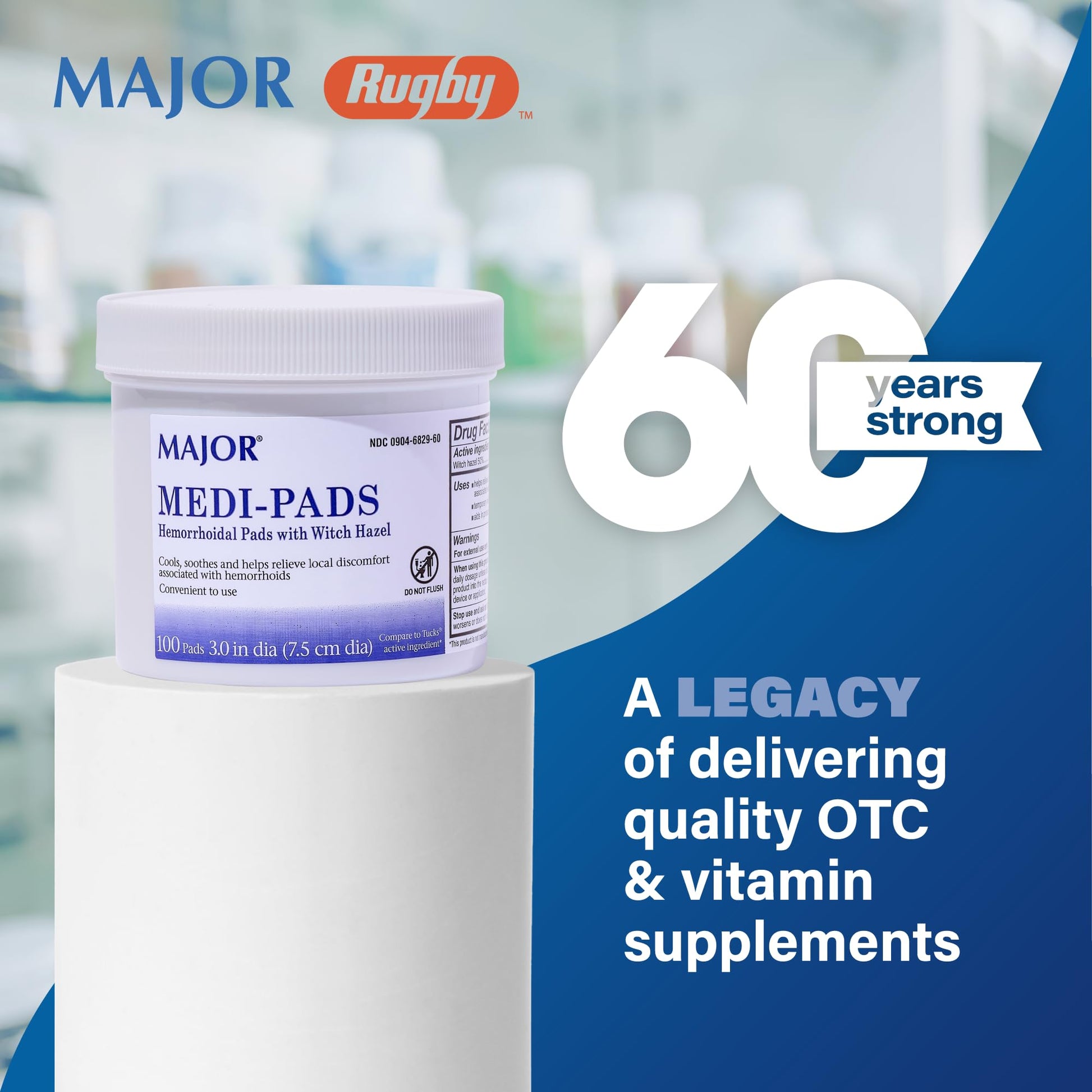 MAJOR Medi-Pads - Hemorrhoidal Hygienic Cleansing Witch Hazel Pads - Cooling Relief with Aloe - 100 Count Jar (1 Pack) MAJORBuy Supplements Australia
