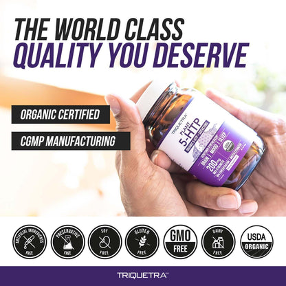 Organic 5-HTP - 200 mg | 99% 5HTP Concentration, Plus Cofactor Vitamin B6 & Lion’s Mane | Water Extracted from Organic Griffonia Seeds | Supports Mood