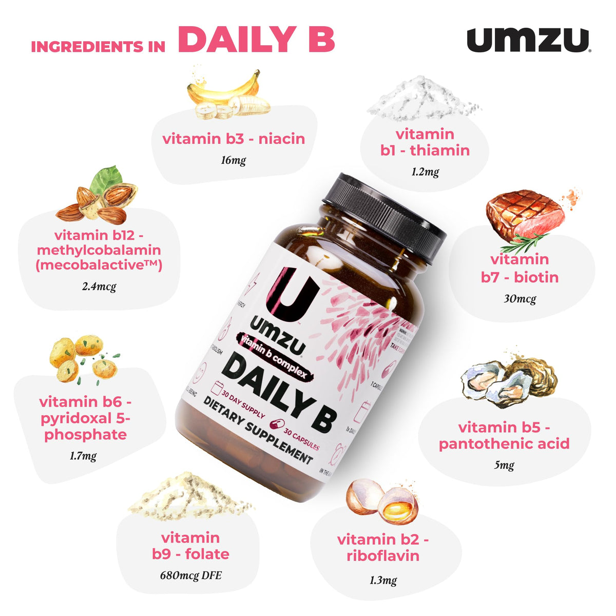 UMZU Daily B, 30 Day Supply – Complete Vitamin B Complex Supplement Blend with B1, B2, B3, B5, B6, B7, B9 & B12 Plus Folic Acid & Biotin – Supports Energy, Focus, Mood,