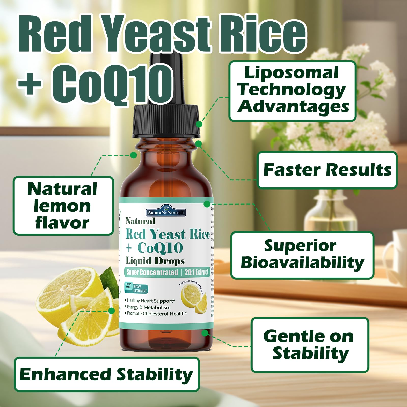 Liposomal Red Yeast Rice with Coq10 Liquid Drops, 5-in-1 Extra Strength 1200mg Cholesterol & Heart Support w. Citrus Bergamot Alpha Lipoic Acid | Cholesterol Lowering Supplement | GMO & Citrinin Free AuraraNeNourishBuy Supplements Australia