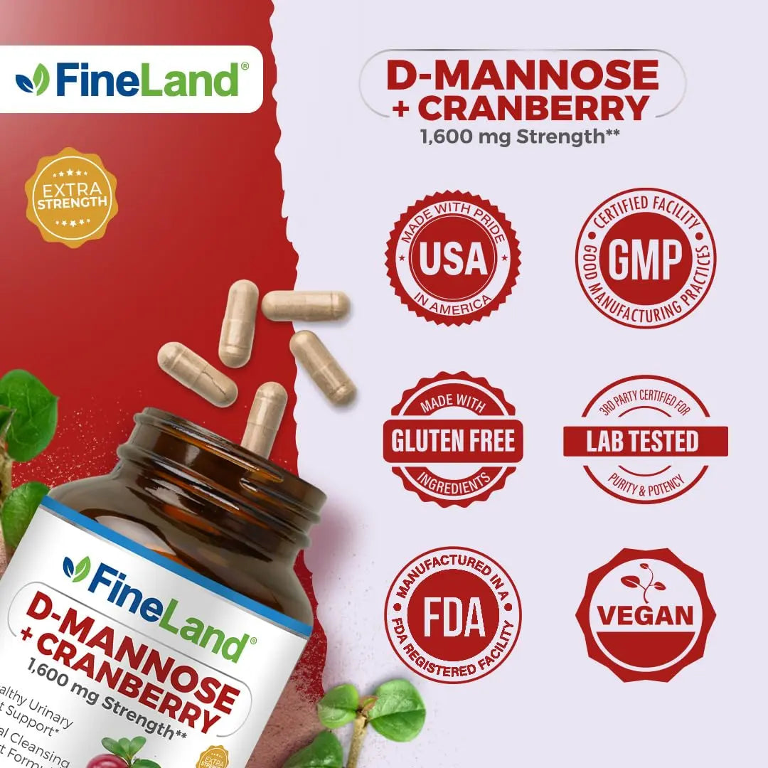 FineLand D-Mannose + Cranberry – 1600mg per Serving – 120 Vegan Capsules – Urinary Tract & Bladder Health Support – Non-GMO, Gluten-Free, Made in USA FineLandBuy Supplements Australia