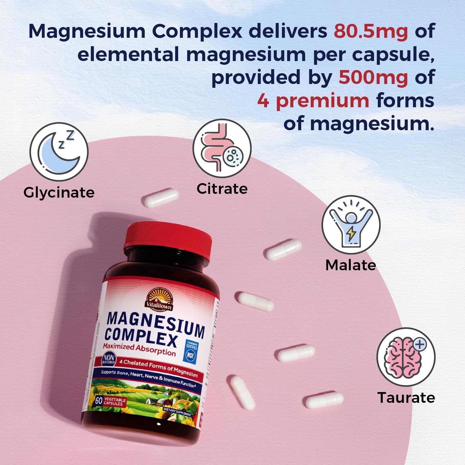 Vitalitown Magnesium Complex Supplement 500mg - NSF Certified Magnesium Glycinate, Malate, Taurate & Citrate - Chelated High Absorption & Gentle on Stomach - Vegan Non-GMO 120 Capsules VITALITOWN buy supplements Au