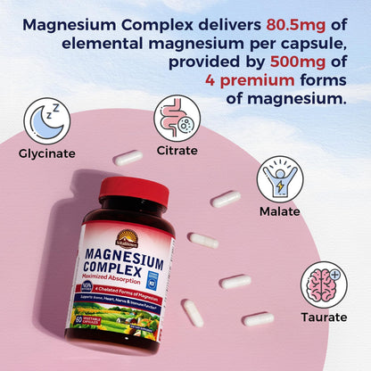 Vitalitown Magnesium Complex Supplement 500mg - NSF Certified Magnesium Glycinate, Malate, Taurate & Citrate - Chelated High Absorption & Gentle on Stomach - Vegan Non-GMO 120 Capsules VITALITOWN buy supplements Au