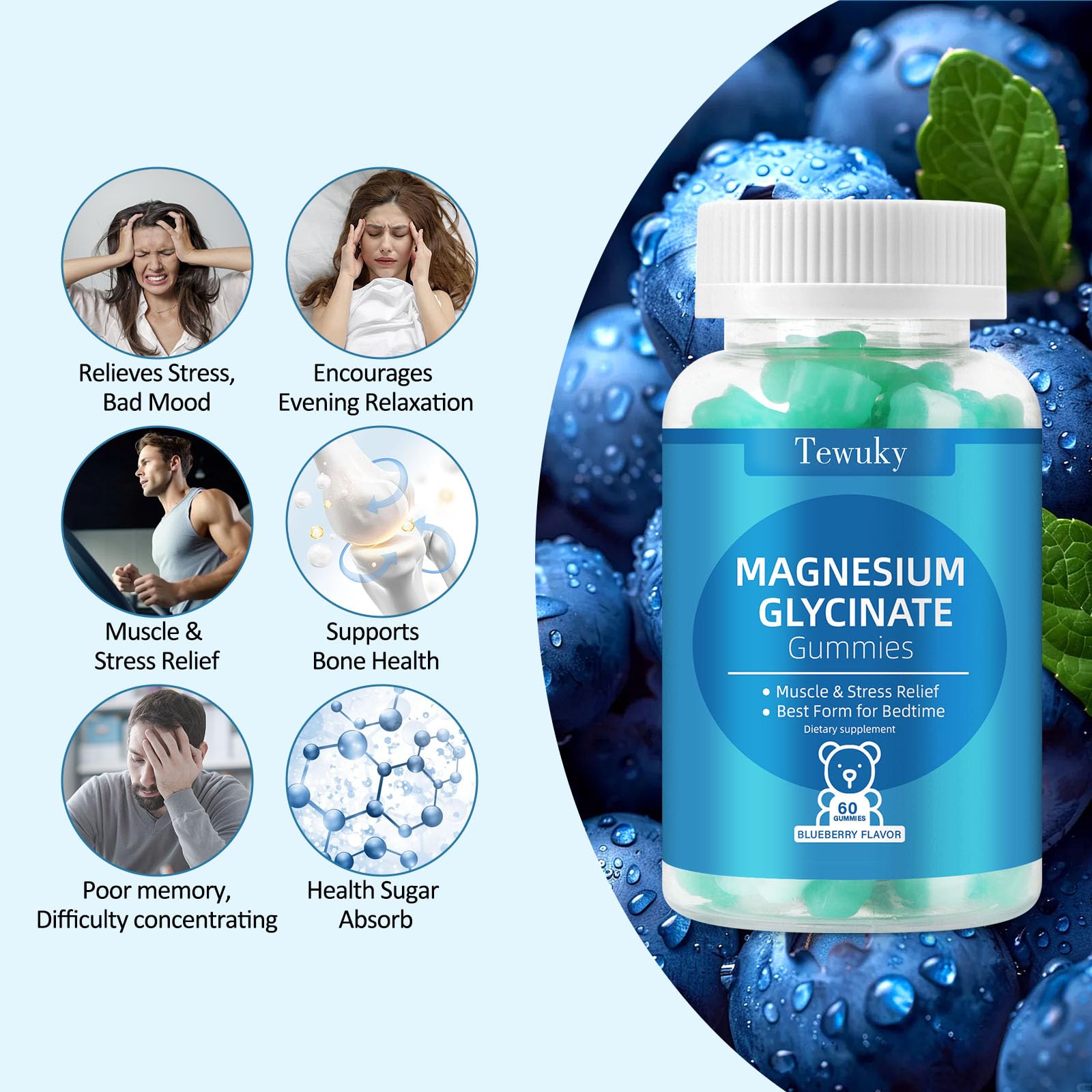 Magnesium Glycinate Gummies 500mg, Sugar-Free for Adults & Kids, Magnesium Gummies for Sleep, Stress & Muscle Relief, Supports Bone & Nerve Health, Vegan, Pectin-Based, 60 Count, Blueberry Flavor TewukyBuy Supplements Australia