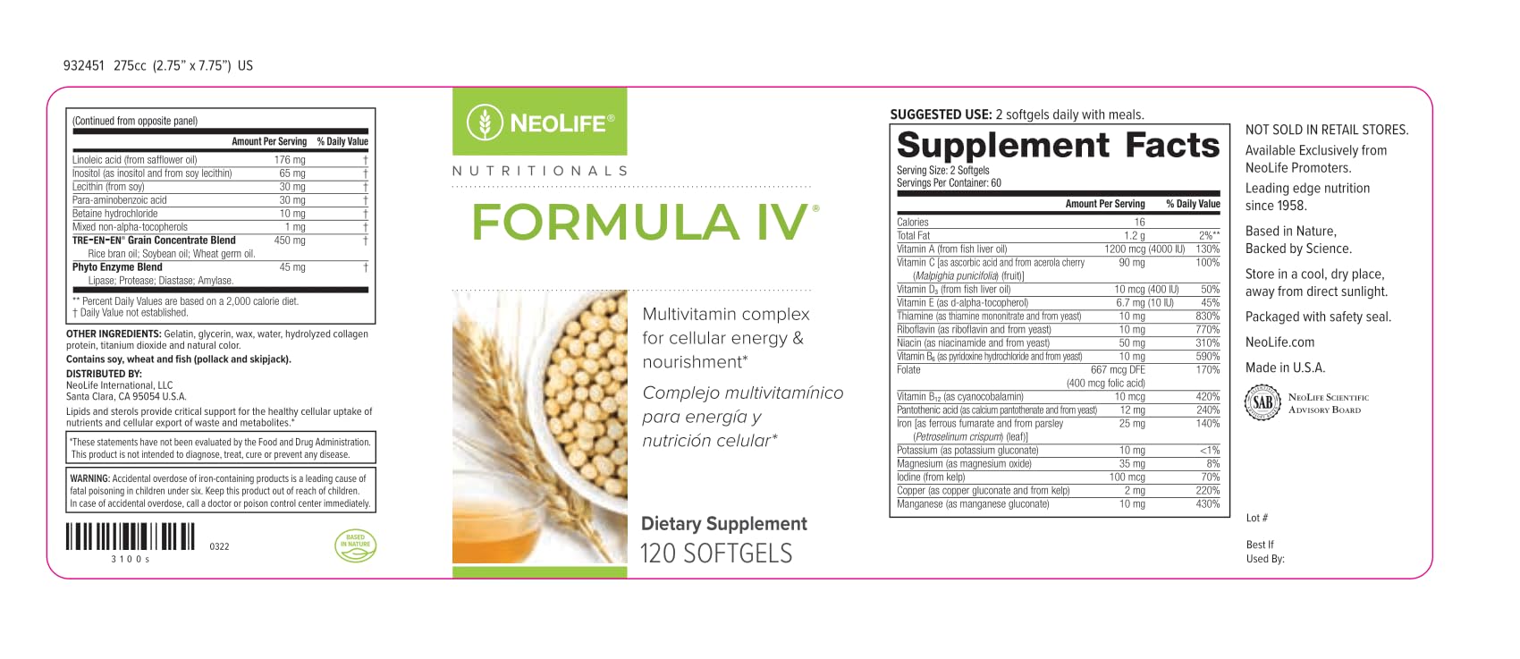 NeoLife - Formula IV Softgel - Vitamins A, C, D, E, B Complex, Multivitamins & Multi-Minerals, Multivitamin for Women & Men, TRE-EN-EN Grain Blend Supplements, Phyto Enzyme Blend - 120 Softgels NeoLifeBuy Supplements Australia