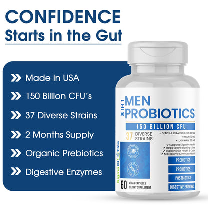 Probiotics for Men - 150 Billion CFU Acidophilus Capsules with Prebiotics & Postbiotics - Supports Gut Microbiome, Colon & Immune Health