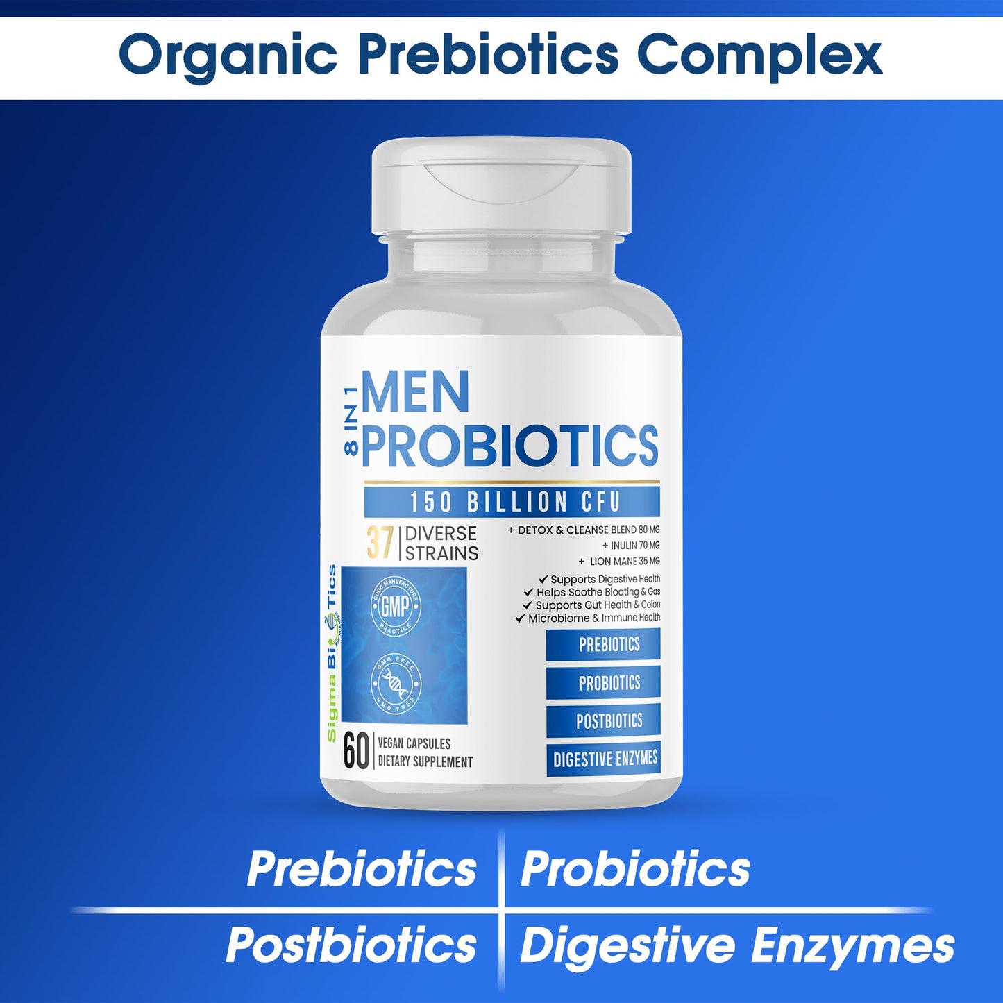 Probiotics for Men - 150 Billion CFU Acidophilus Capsules with Prebiotics & Postbiotics - Supports Gut Microbiome, Colon & Immune Health