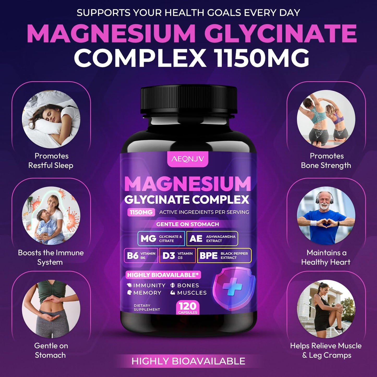 Magnesium Glycinate Complex 1150mg - Gentle on Stomach High Absorption Magnesium Capsules with Citrate, Silica, Ashwagandha & Vitamin B6 for Zzz, Stress Relief, Muscle Support for Adults, Women & Men AEQNJVBuy Supplements Australia