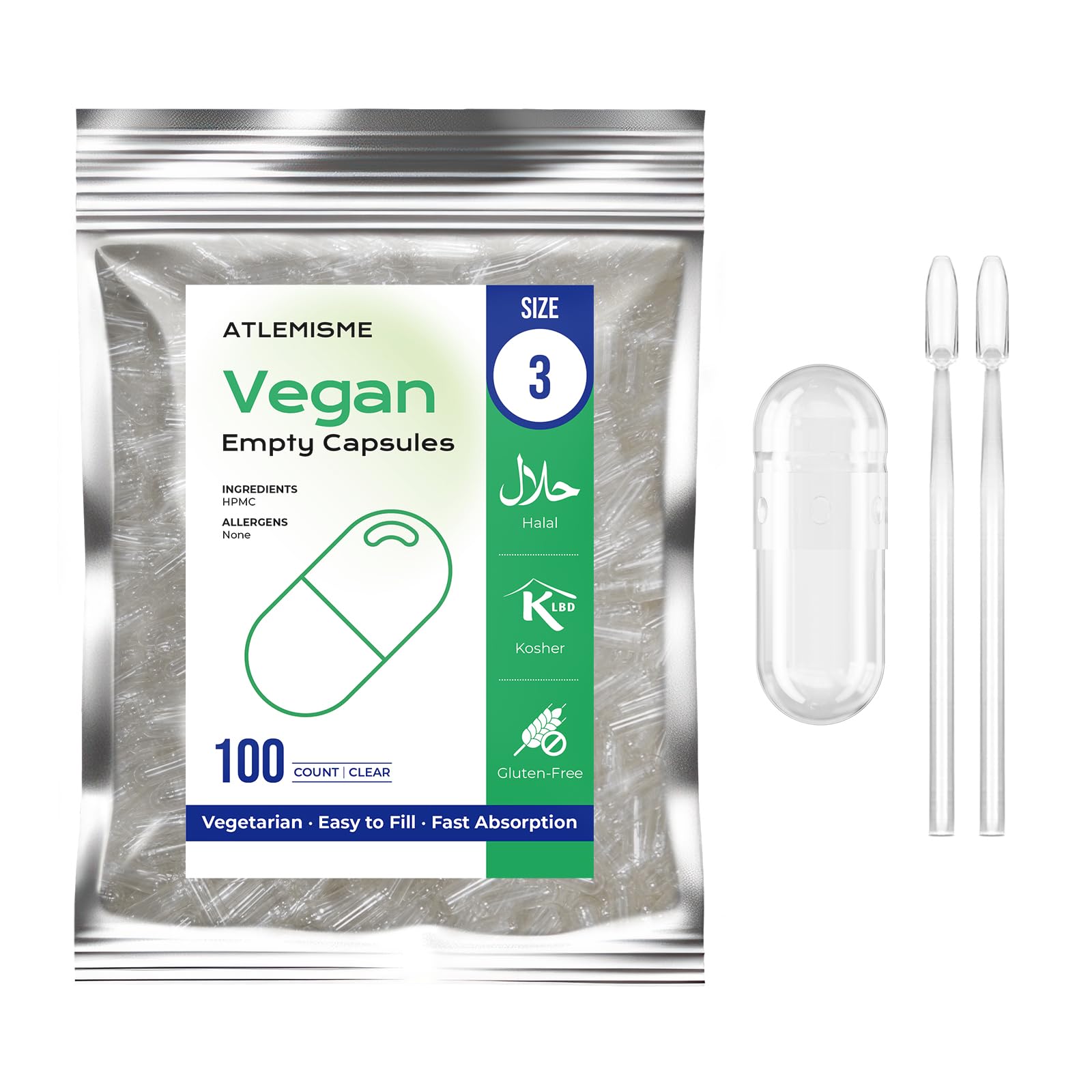 ATLEMISME Empty Vegan Capsules Size 3 - Vegan Capsules DIY Vegetable Capsule Filling - Veggie Caps with 2 Micro Lab Spoons for Capsule Filling ATLEMISMEBuy Supplements Australia