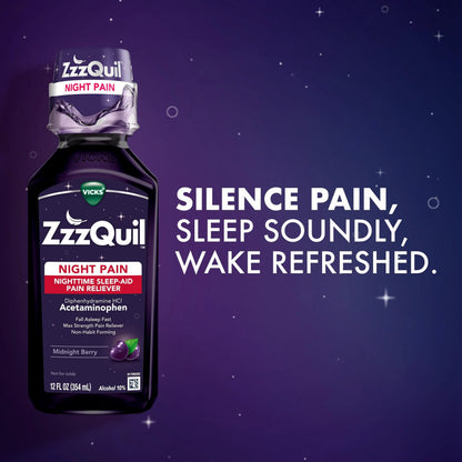 ZzzQuil Liquid, Max Strength Pain Reliever, Nighttime Sleep Aid Liquid, Acetaminophen 1000mg, Diphenhydramine 50mg HCI, Non-Habit Forming, Midnight Berry Flavored, 2 Pack, 24 FL OZ ZzzQuilBuy Supplements Australia