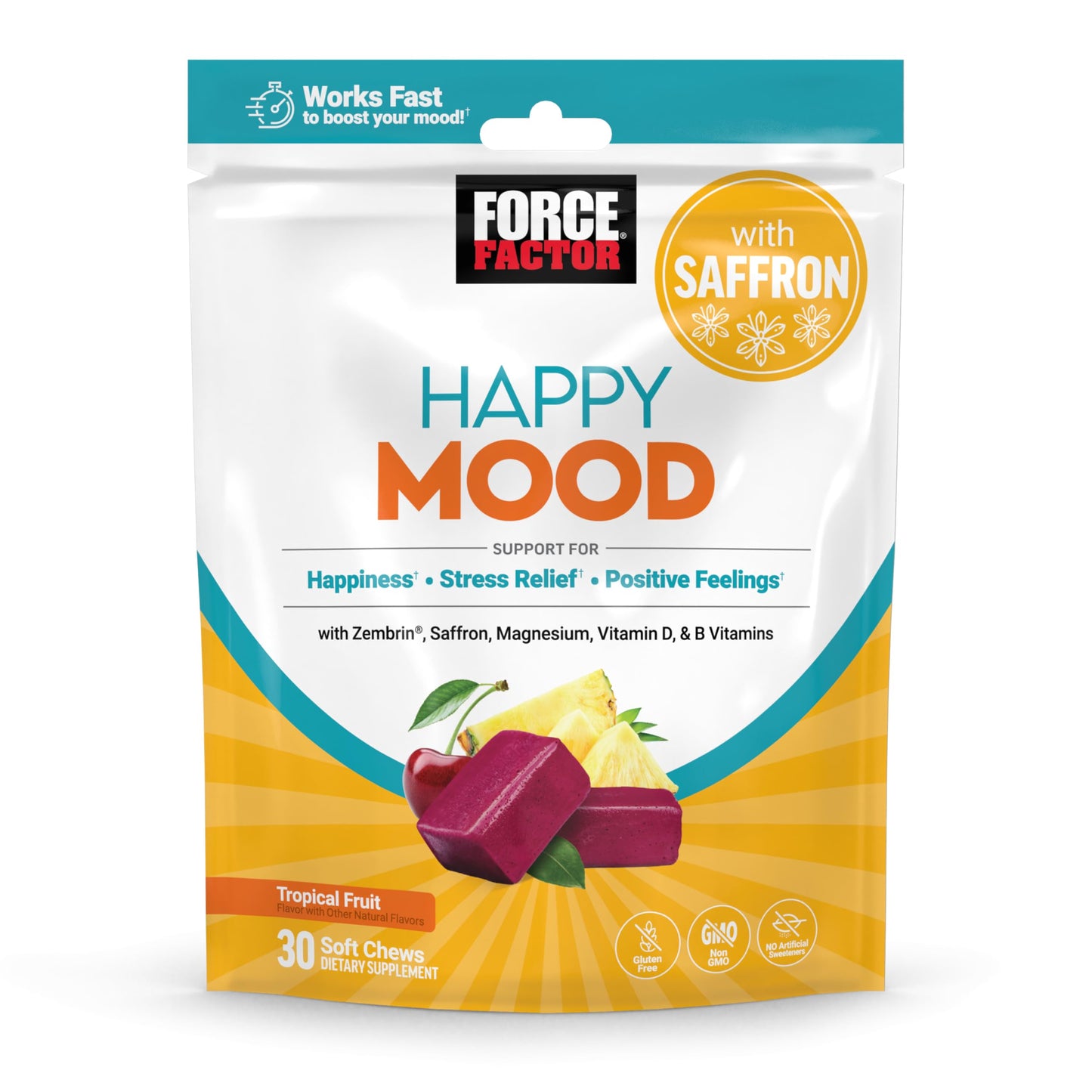 FORCE FACTOR Happy Mood, Mood Support and Mood Balance Supplement to Support Happiness, Positivity, and Stress, Made with Magnesium, Saffron, Zembrin, Non-GMO, Tropical Fruit Flavor, 30 Soft Chews Force FactorBuy Supplements Australia